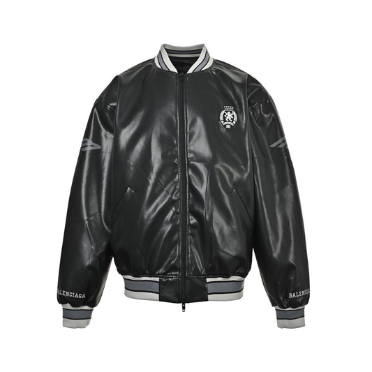 Balenciaga 3M embroidered gray Manchester United baseball flight leather jacket