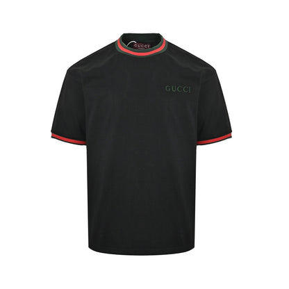 Gucci letter embroidered red and green ribbed short sleeves