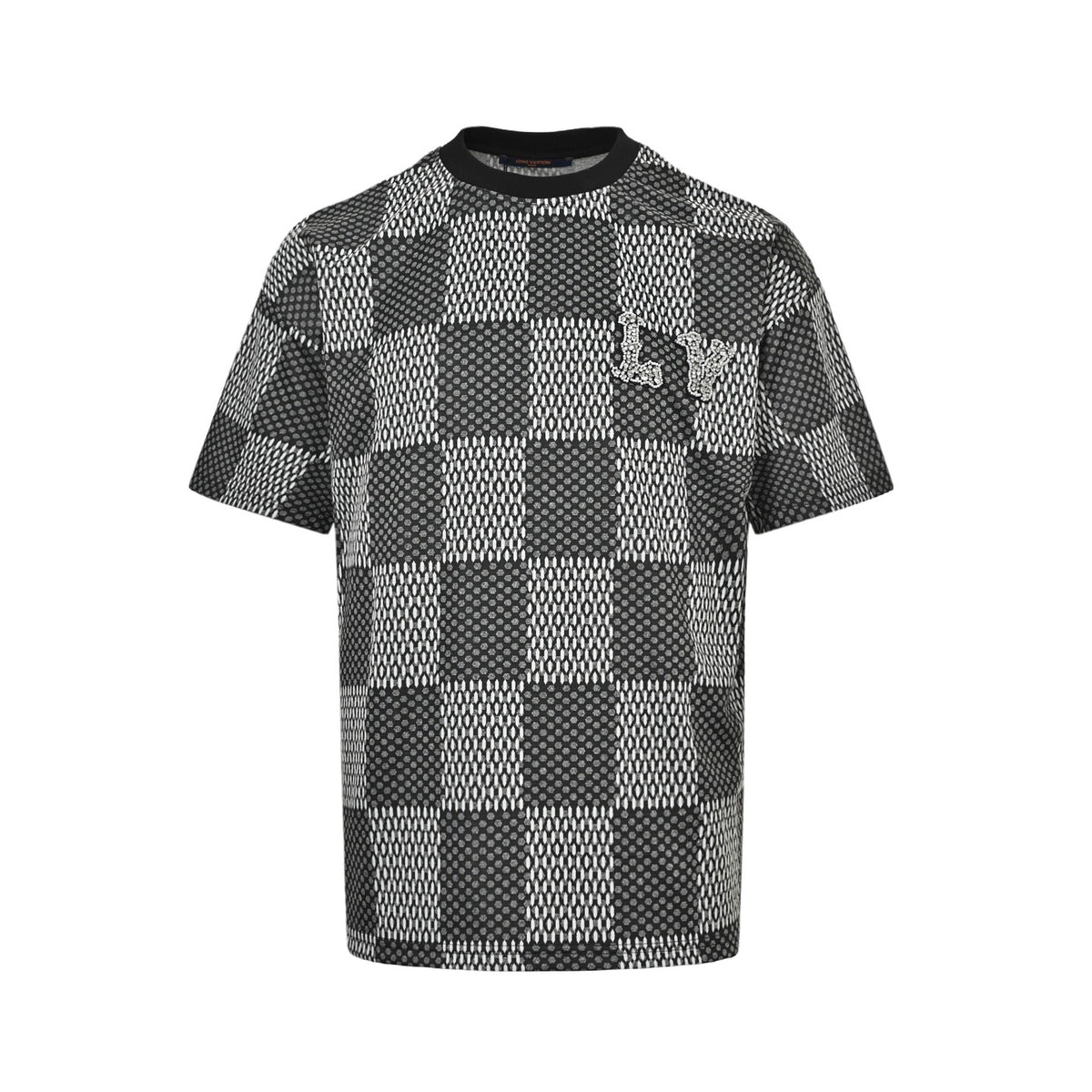 Louis Vuitton rhinestone letter logo checkerboard short sleeves