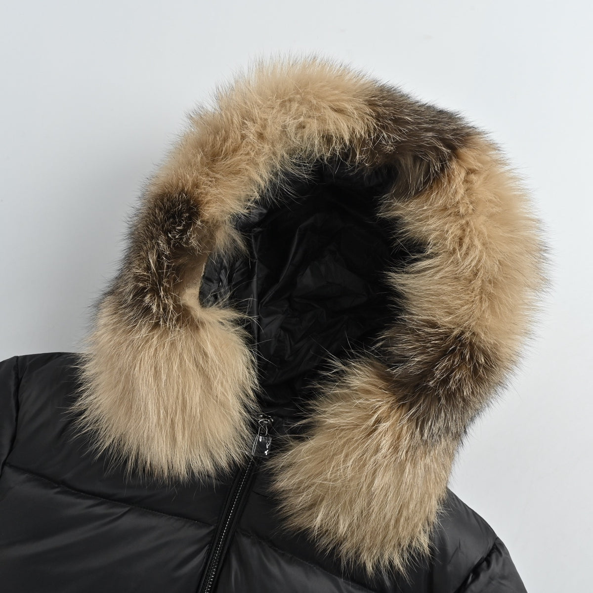 Moncler/Mongolia belted fur collar long hooded down jacket