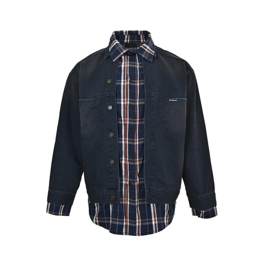 Balenciaga/Balanciaga plaid stitching fake two-piece denim jacket