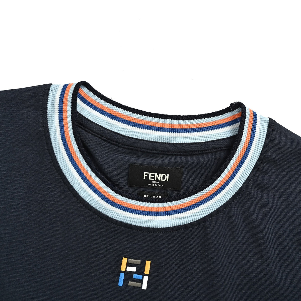 Fendi color stripe collar FF letter embroidered short sleeves