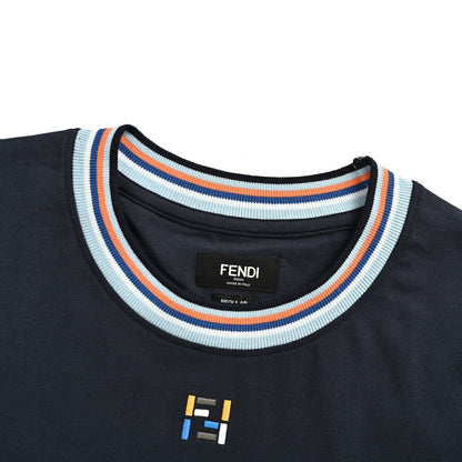 Fendi color stripe collar FF letter embroidered short sleeves