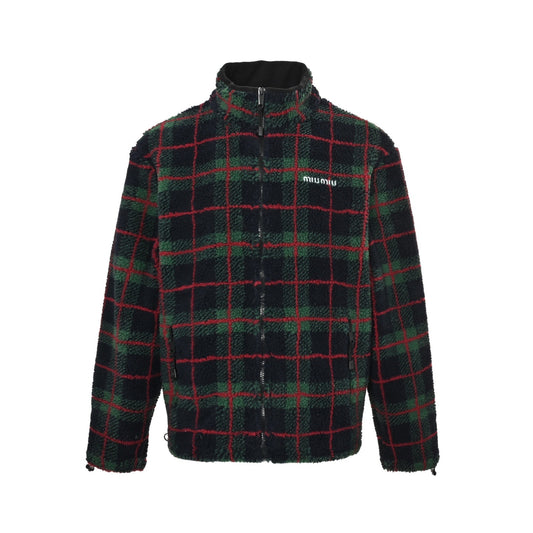 Miu Miu contrasting plaid sherpa zipper jacket