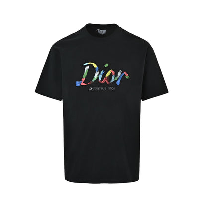 Dior color oil painting hand-painted signature embossed short sleeves