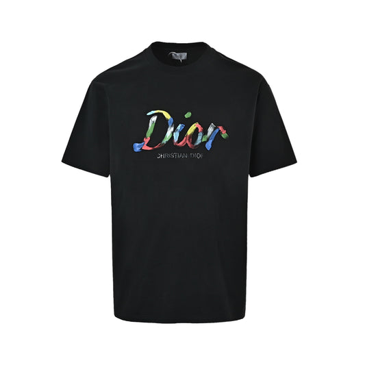 Dior color oil painting hand-painted signature embossed short sleeves