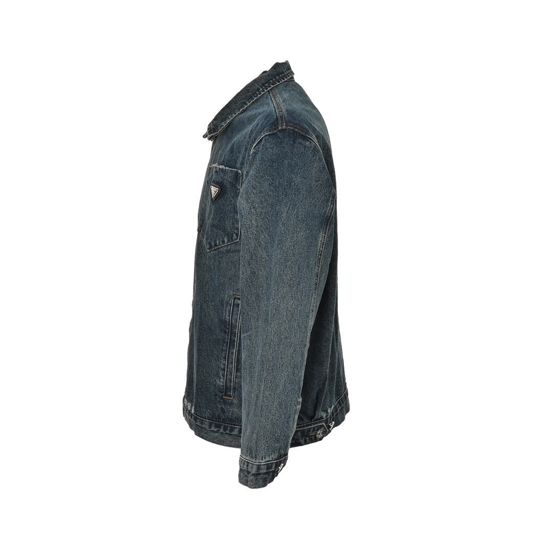 Prada triangle logo vintage washed frayed zipper denim jacket