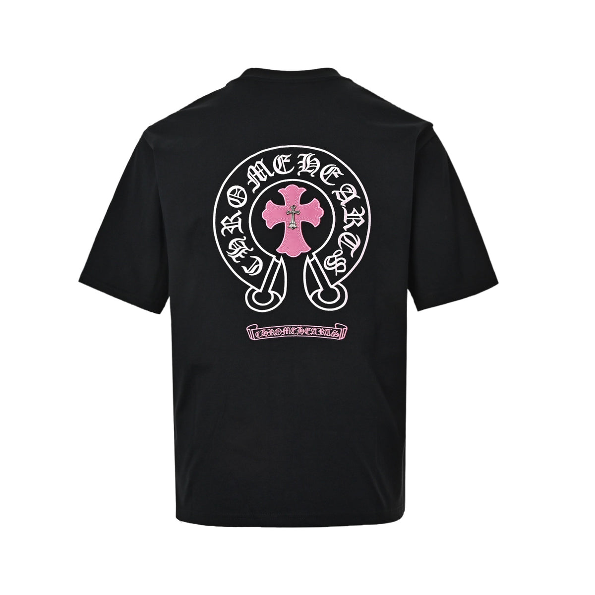Chrome Hearts/Chrome Heart short sleeves with pink cross and horseshoe embroidery on the back
