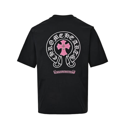 Chrome Hearts/Chrome Heart short sleeves with pink cross and horseshoe embroidery on the back