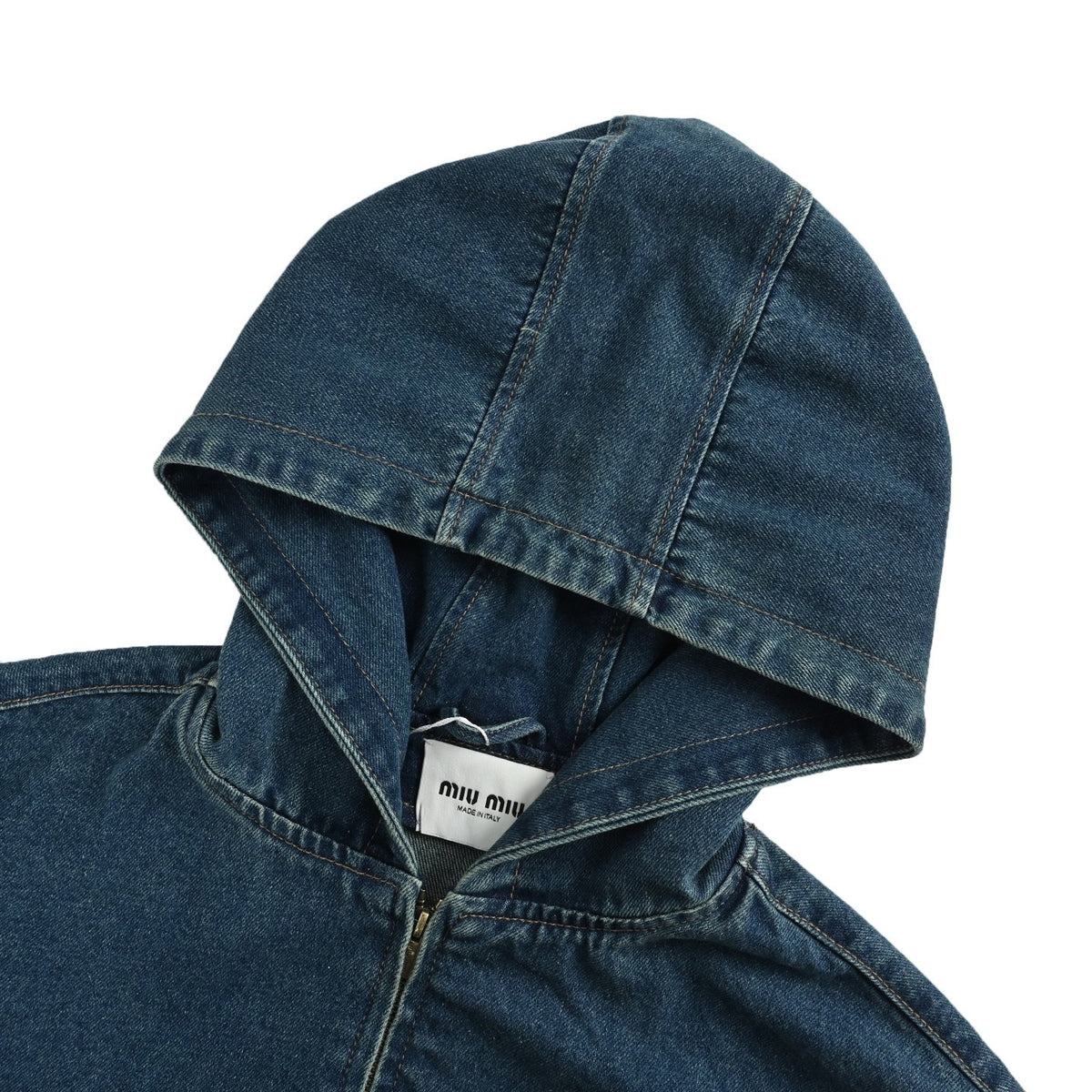 Miu Miu patchwork zipper hooded denim jacket