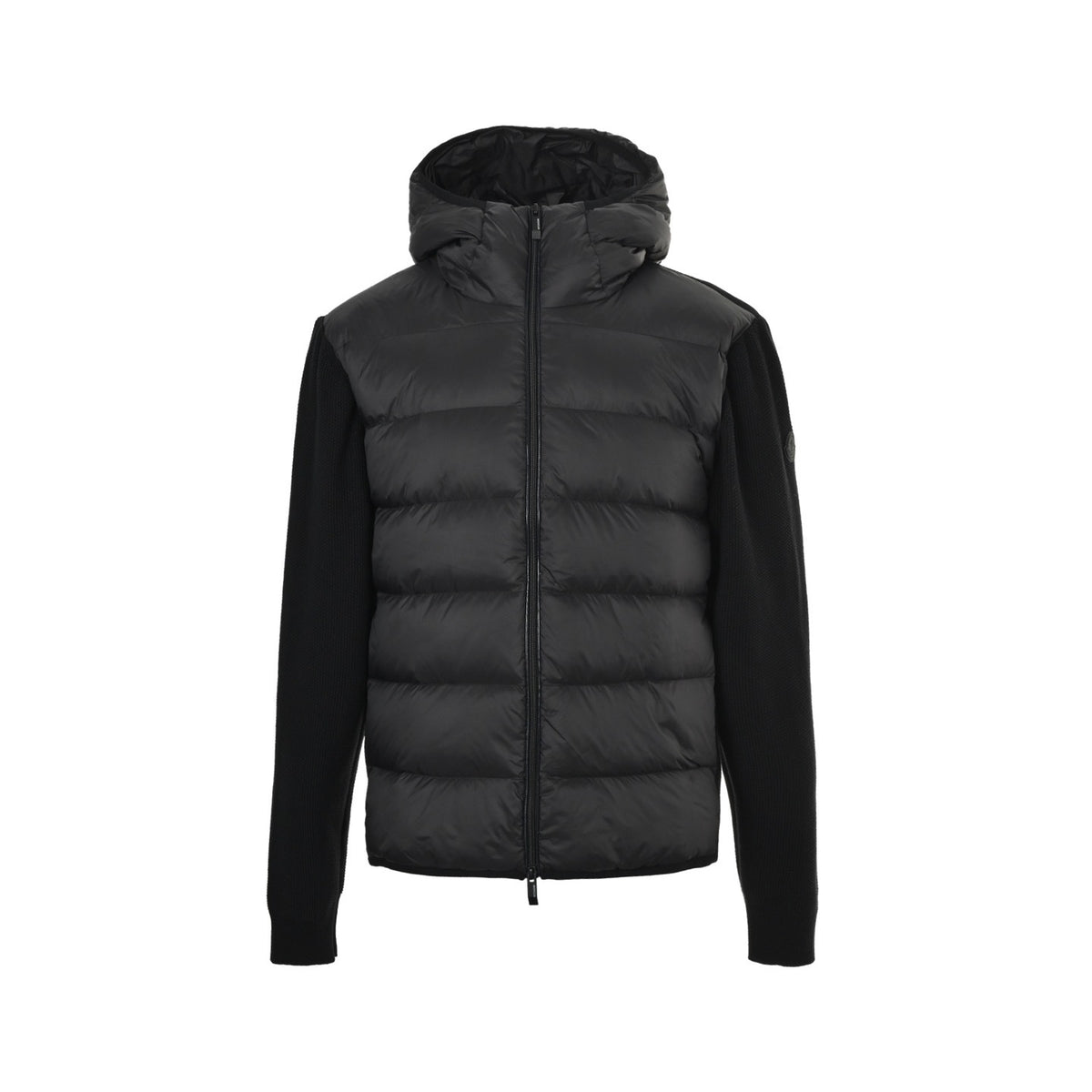Moncler/hooded brim embroidered wool patchwork hooded down jacket