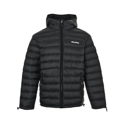 Miu Miu letter embroidered hooded down jacket