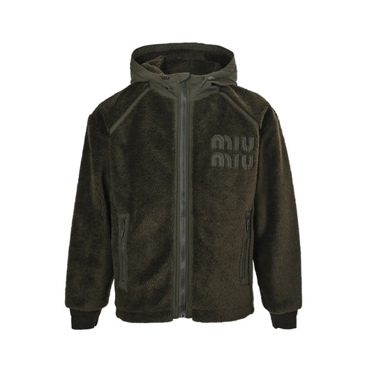 MiuMiu/Miu Miu embroidered lettering polar fleece hooded jacket