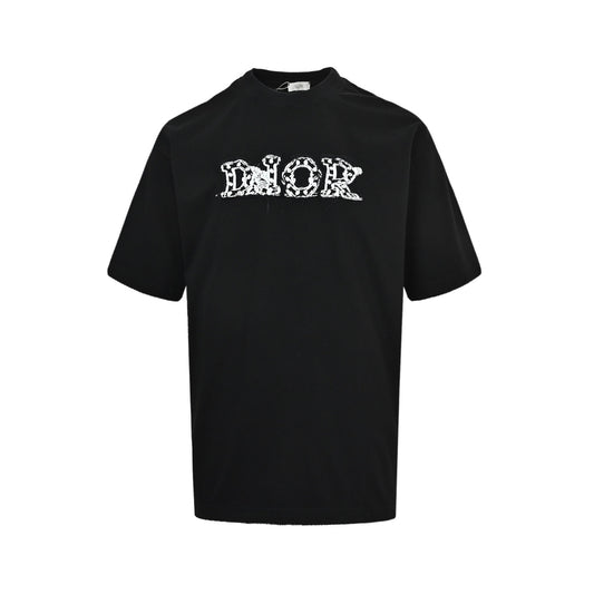 Dior 26ss frayed patch letter embroidered short sleeves