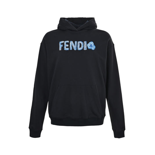 Fendi blue letter embroidered hooded sweatshirt
