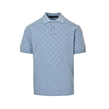 Louis Vuitton light blue old flower all-over printed jacquard knitted Polo short sleeves