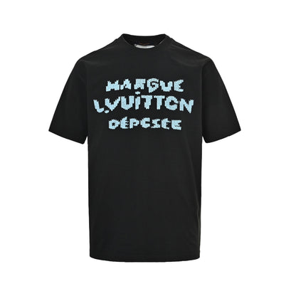 Louis Vuitton blue embroidered letter short sleeves