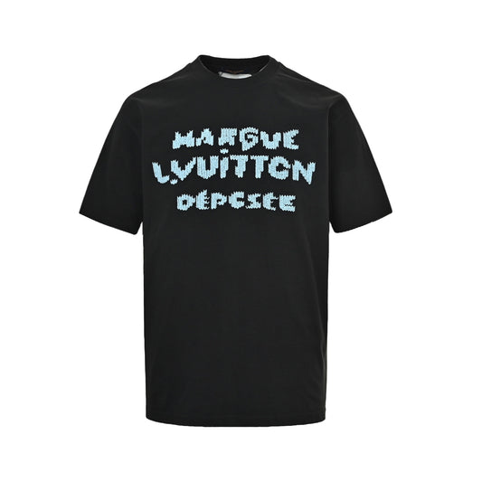 Louis Vuitton blue embroidered letter short sleeves