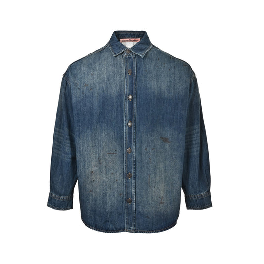 Acne Studios distressed washed denim shirt with splashes of ink