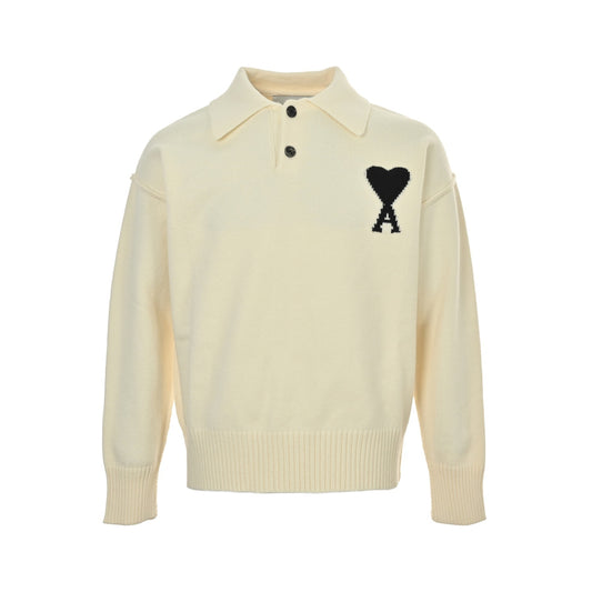 Ami Paris Love Jacquard Knitted Lapel Polo Sweater
