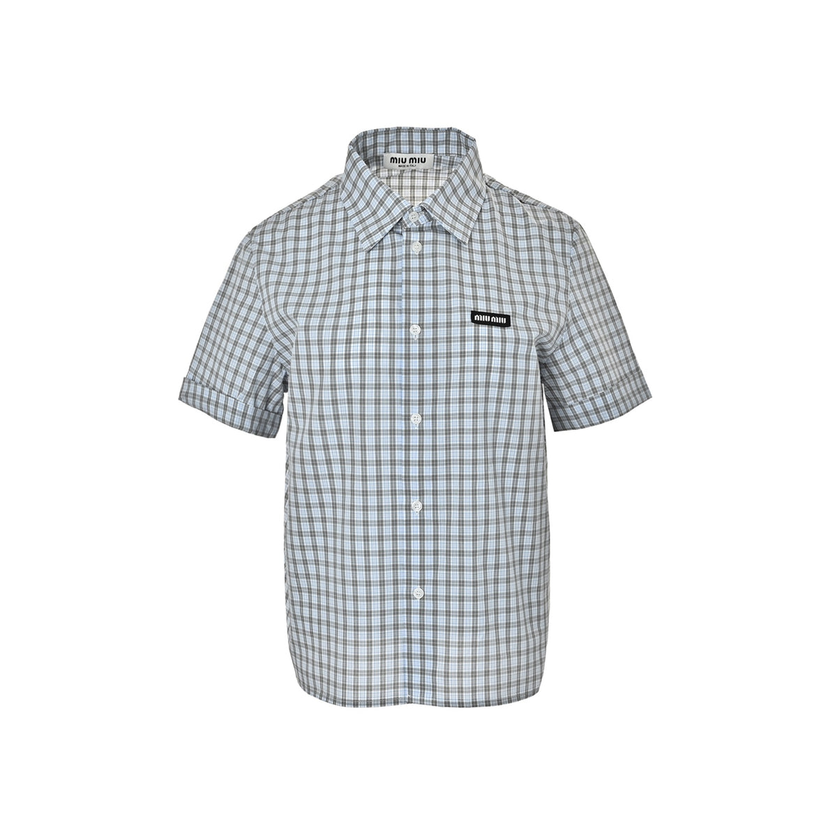 Miu Miu blue and gray fine plaid short-sleeved shirt