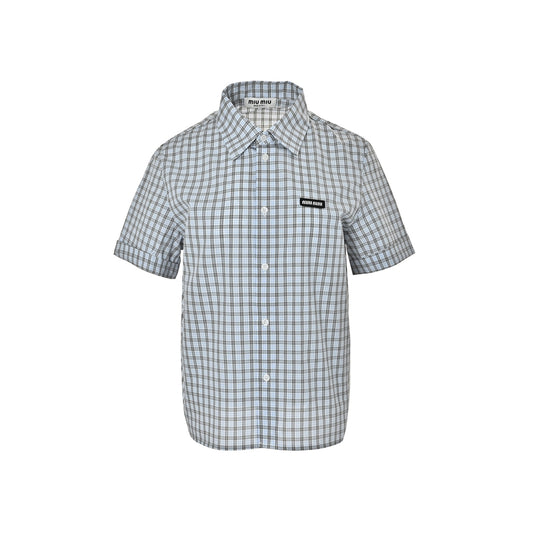 Miu Miu blue and gray fine plaid short-sleeved shirt