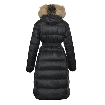 Moncler/Mongolia belted fur collar long hooded down jacket