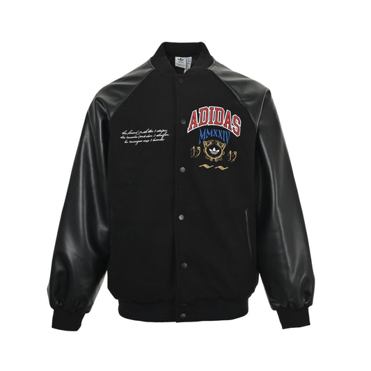 Adidas embroidered logo patchwork leather quilted baseball jacket