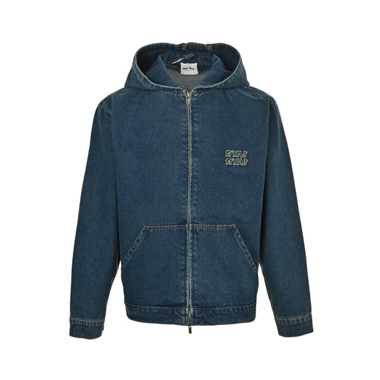 Miu Miu patchwork zipper hooded denim jacket