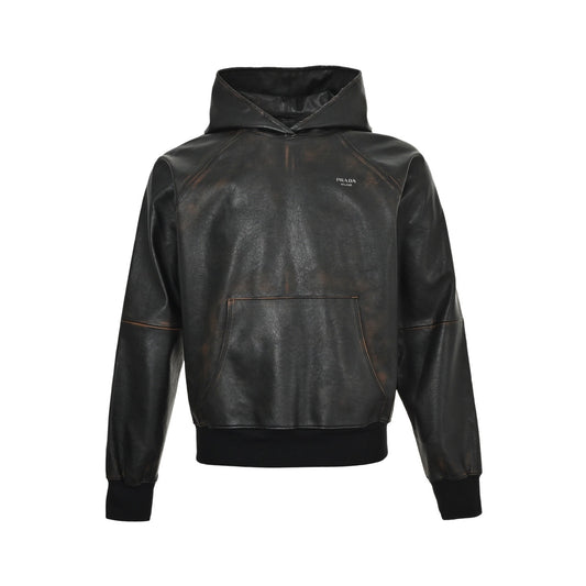 Prada 25Fw distressed raglan hooded leather jacket