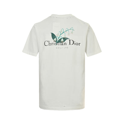 Dior 25ss lily of the valley print distressed hole short sleeves