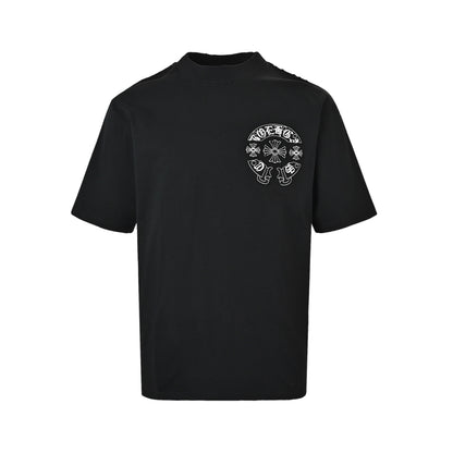 Chrome Hearts/Chrome Heart Heavy Horseshoe Patch Embroidered Round Neck Short Sleeve