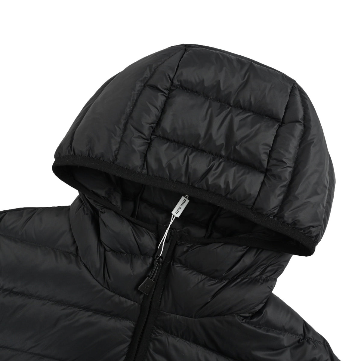 Miu Miu letter embroidered hooded down jacket