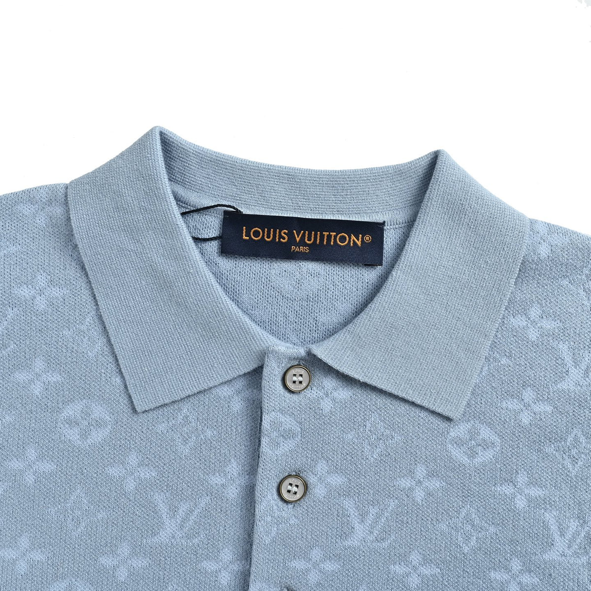 Louis Vuitton light blue old flower all-over printed jacquard knitted Polo short sleeves
