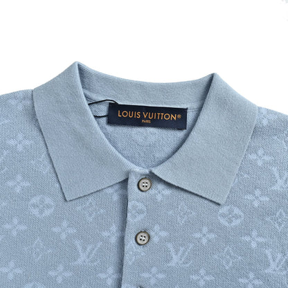 Louis Vuitton light blue old flower all-over printed jacquard knitted Polo short sleeves