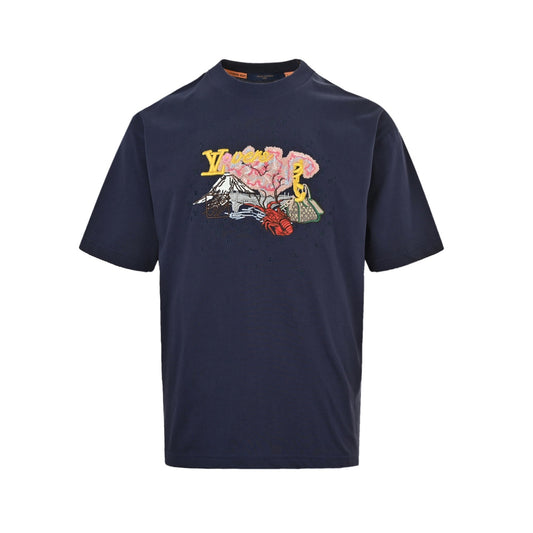 Louis Vuitton 26ss lobster snow mountain cherry blossom embroidered short sleeves