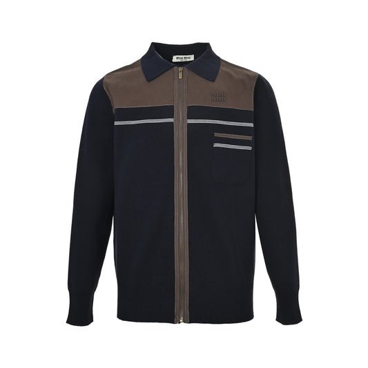 Miu Miu brown and blue leather logo zipper cardigan jacket