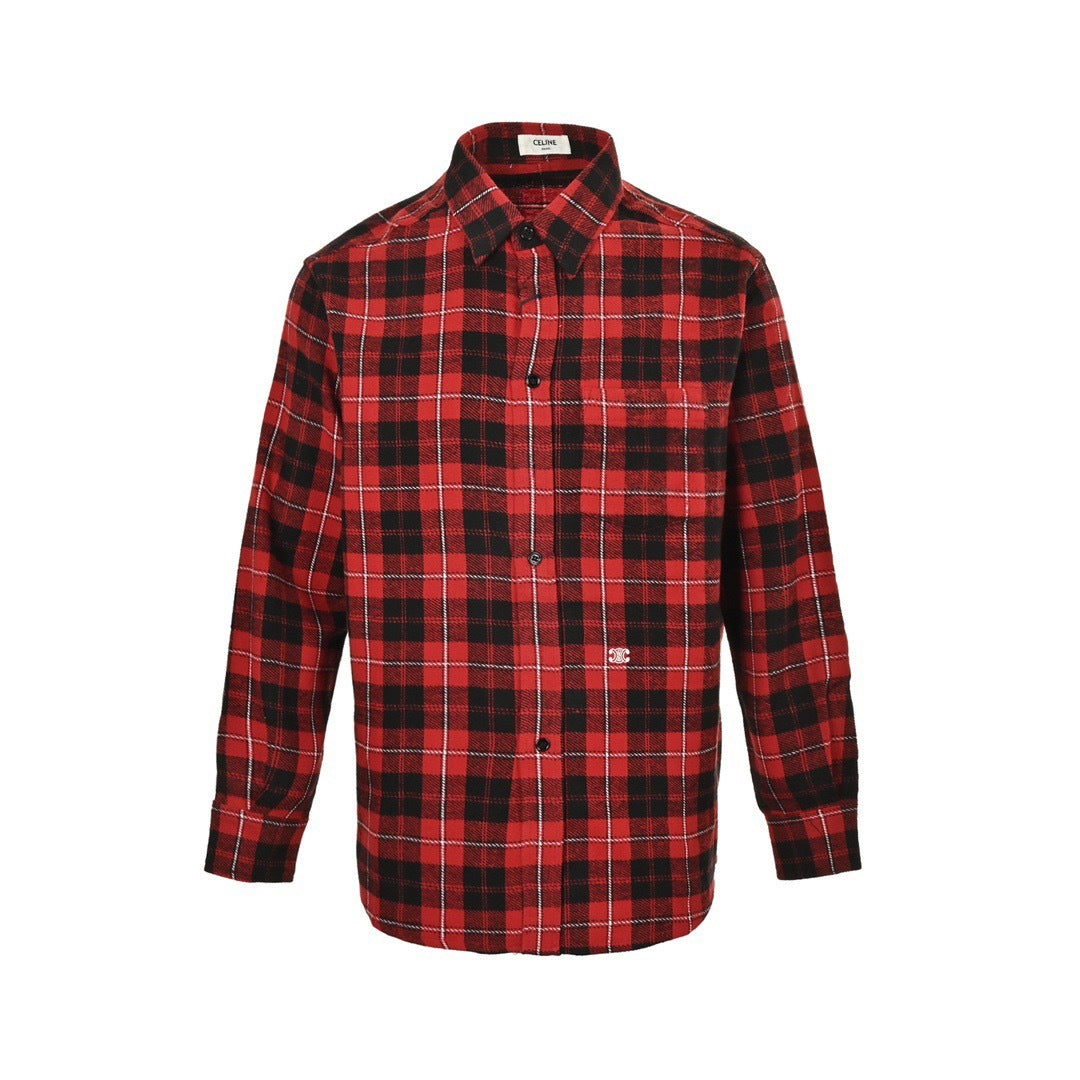 Celine 24Fw Arc de Triomphe embroidered plaid shirt