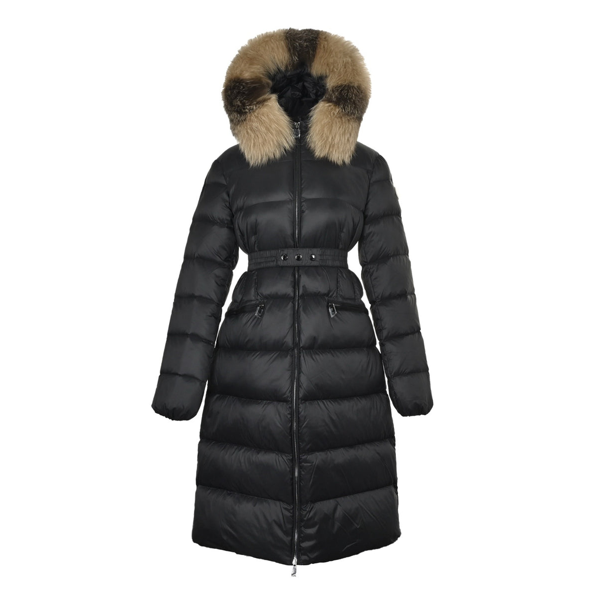 Moncler/Mongolia belted fur collar long hooded down jacket