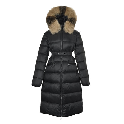 Moncler/Mongolia belted fur collar long hooded down jacket