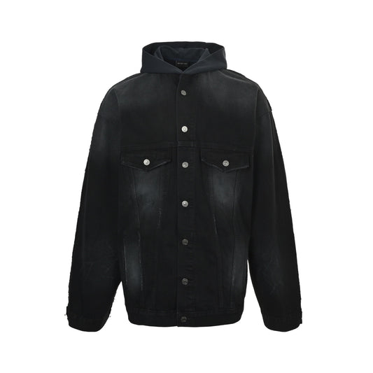 Balenciaga embroidered patchwork hooded denim jacket