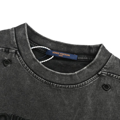 Louis Vuitton 25ss embroidered letters washed distressed short sleeves