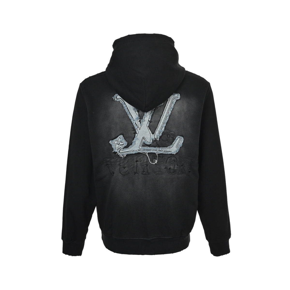 Louis Vuitton denim patch embroidery washed ripped hole hooded sweatshirt