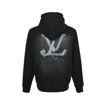 Louis Vuitton denim patch embroidery washed ripped hole hooded sweatshirt