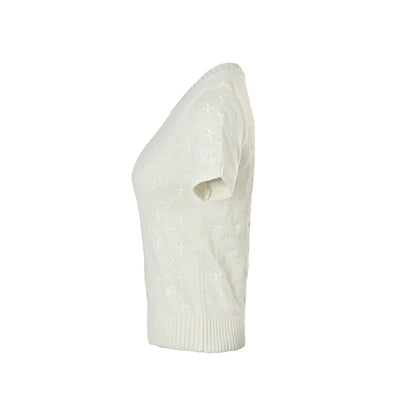 Louis Vuitton 26ss women's presbyopic embroidered knitted short sleeves