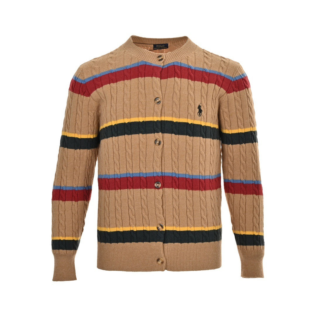 Ralph Lauren classic women's cable striped round neck knitted sweater cardigan