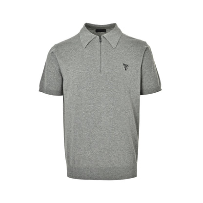 Prada Inverted triangle wool embroidered half-zip Polo short sleeves