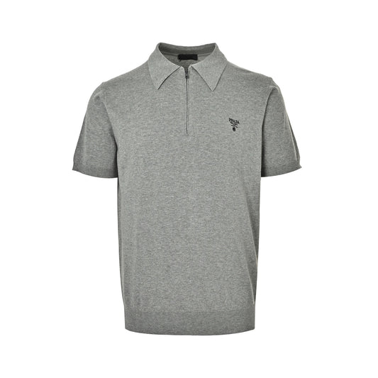 Prada Inverted triangle wool embroidered half-zip Polo short sleeves