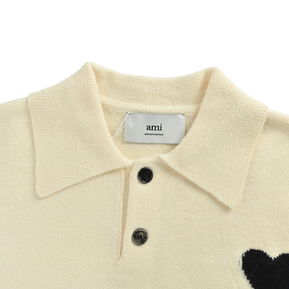 Ami Paris Love Jacquard Knitted Lapel Polo Sweater