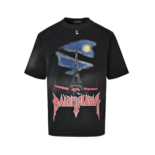 Balenciaga washed Eiffel Tower print destroyed round neck short sleeves